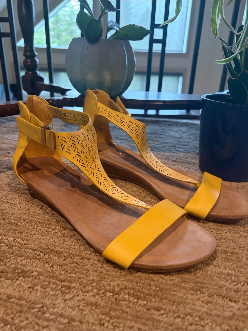 Kenneth Cole Reaction Yellow Laser-Cut T-Strap Sandals